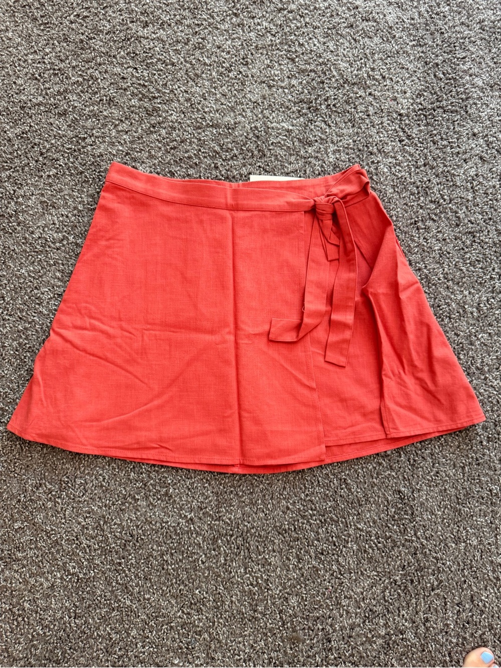 Washed red linen blend faux wrap skirt